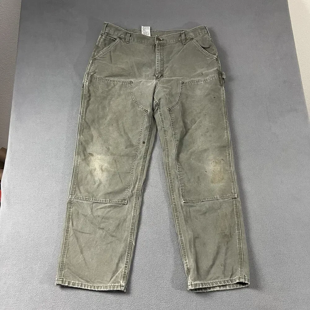 Carhartt Pants Mens Size 38x32 Green Double Knee Canvas Dungaree Workwear
